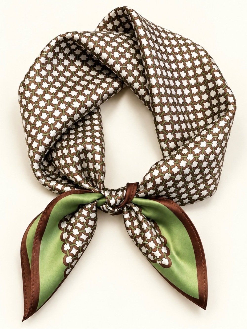 Silk Feel Patterned Brown and Green Neck Scarf
